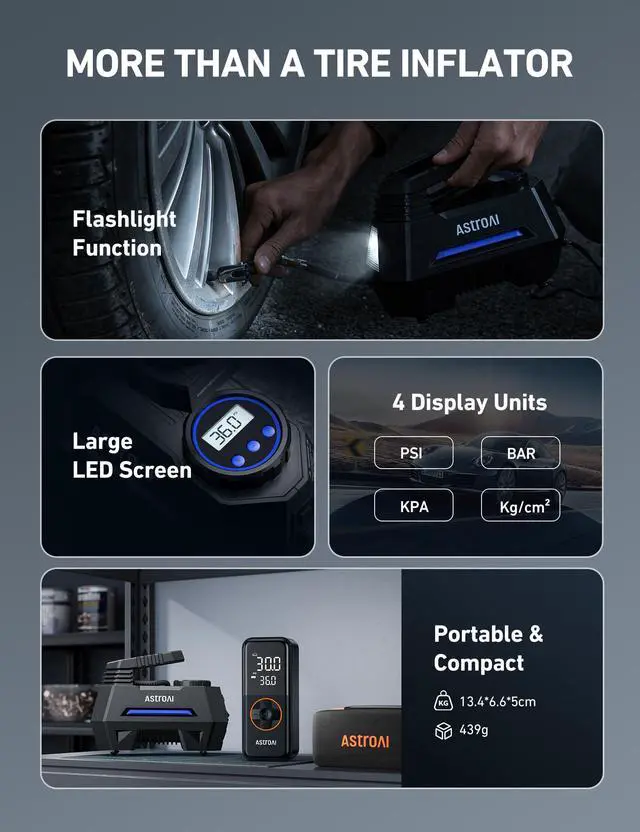 Alt view image 7 of 7 - AstroAI Tire Inflator Portable Air Compressor Air Pump for Car Tires-Car Accessories, 9.8Ft Cord-12V DC-Powered Auto Pump with Digital Pressure Gauge, Emergency LED Light for Bicycle, Balloons, Blue