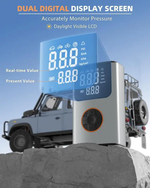 Alt view image 4 of 7 - Tire Inflator Portable Air Compressor, Bike Pump, 150PSI Air Pump for Car Tires with LCD Dual Screen and Digital Tire Pressure Gauge, Air Compressor for Bicycle, Motorcycle, Compact Car, Ball