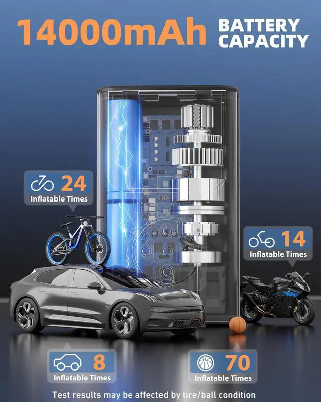 Alt view image 3 of 7 - Tire Inflator Portable Air Compressor, Bike Pump, 150PSI Air Pump for Car Tires with LCD Dual Screen and Digital Tire Pressure Gauge, Air Compressor for Bicycle, Motorcycle, Compact Car, Ball