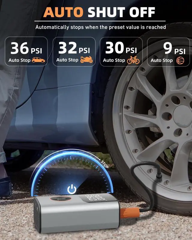 Alt view image 5 of 7 - Tire Inflator Portable Air Compressor, Bike Pump, 150PSI Air Pump for Car Tires with LCD Dual Screen and Digital Tire Pressure Gauge, Air Compressor for Bicycle, Motorcycle, Compact Car, Ball