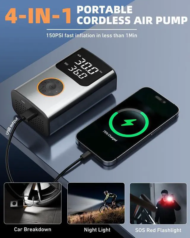 Alt view image 6 of 7 - Tire Inflator Portable Air Compressor, Bike Pump, 150PSI Air Pump for Car Tires with LCD Dual Screen and Digital Tire Pressure Gauge, Air Compressor for Bicycle, Motorcycle, Compact Car, Ball