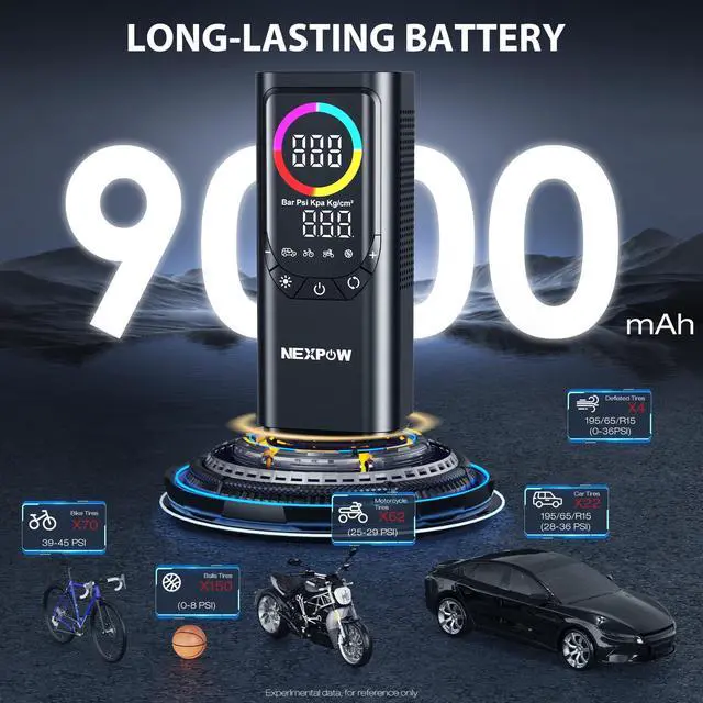 Alt view image 5 of 7 - Tire Inflator Portable Air Compressor, NEXPOW 150PSI & 9000mAh Cordless Air Pump with Digital Tire Pressure Gauge, Accurate Dual LCD Display & LED Light, Tire Inflator for Car,Motorcycle,Bike,Balls