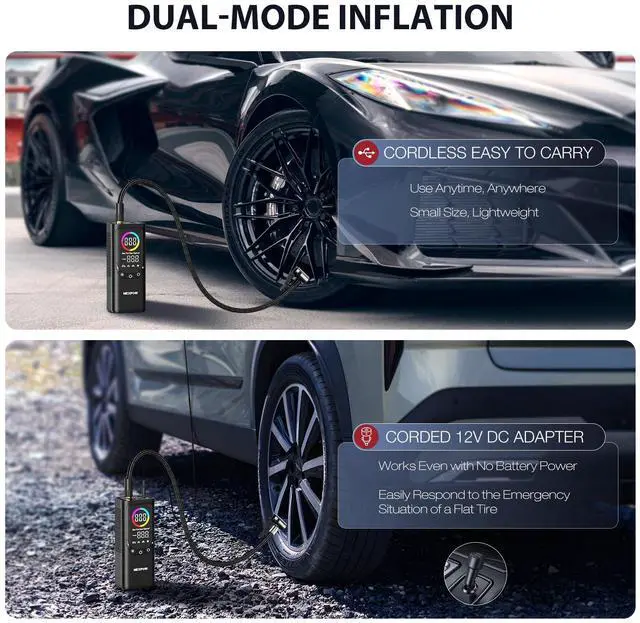 Alt view image 6 of 7 - Tire Inflator Portable Air Compressor, NEXPOW 150PSI & 9000mAh Cordless Air Pump with Digital Tire Pressure Gauge, Accurate Dual LCD Display & LED Light, Tire Inflator for Car,Motorcycle,Bike,Balls