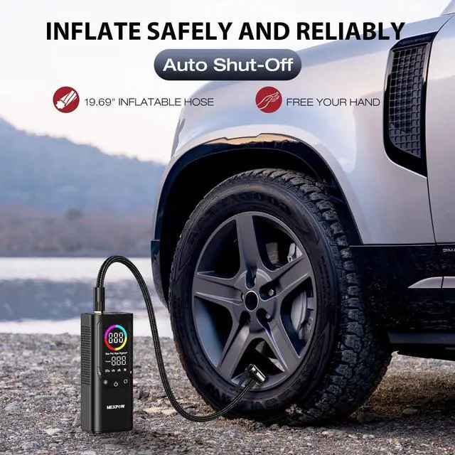 Alt view image 4 of 7 - Tire Inflator Portable Air Compressor, NEXPOW 150PSI & 9000mAh Cordless Air Pump with Digital Tire Pressure Gauge, Accurate Dual LCD Display & LED Light, Tire Inflator for Car,Motorcycle,Bike,Balls