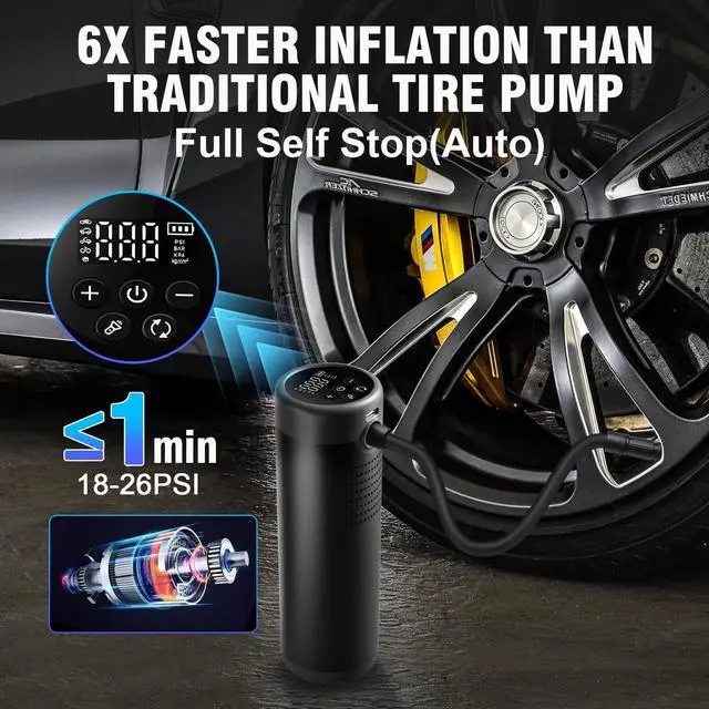 Alt view image 2 of 7 - Tire Inflator Portable Air Compressor, 150 PSI Cordless Bike Tire Pump, Air Pump for Auto, Motorcycle, Bicycle, Balls with Pressure Gauge,LED Light & Car Accessories, Black, 5200mAh