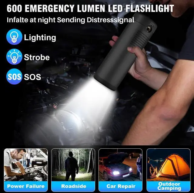 Alt view image 5 of 7 - Tire Inflator Portable Air Compressor, 150 PSI Cordless Bike Tire Pump, Air Pump for Auto, Motorcycle, Bicycle, Balls with Pressure Gauge,LED Light & Car Accessories, Black, 5200mAh