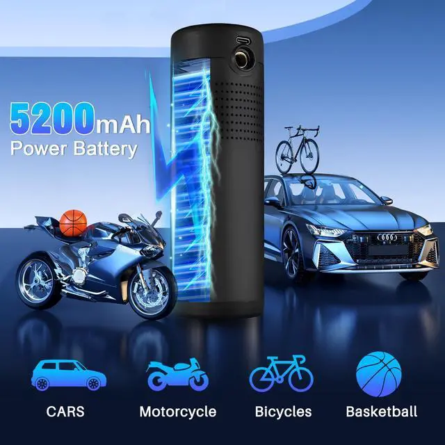 Alt view image 3 of 7 - Tire Inflator Portable Air Compressor, 150 PSI Cordless Bike Tire Pump, Air Pump for Auto, Motorcycle, Bicycle, Balls with Pressure Gauge,LED Light & Car Accessories, Black, 5200mAh