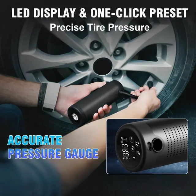 Alt view image 6 of 7 - Tire Inflator Portable Air Compressor, 150 PSI Cordless Bike Tire Pump, Air Pump for Auto, Motorcycle, Bicycle, Balls with Pressure Gauge,LED Light & Car Accessories, Black, 5200mAh