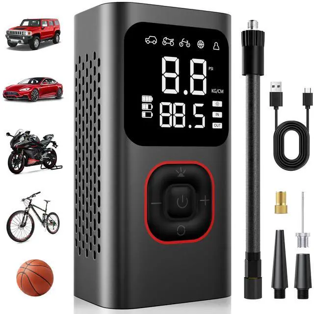 Main image of Tire Inflator Portable Air Pump, 150PSI Fast Cordless Air Compressor with Auto shut-off for Car Tires, Electric Bike Pump with Pressure Gauge & LCD Dual Screen for Cars, Motorcycles, Bikes, Balls