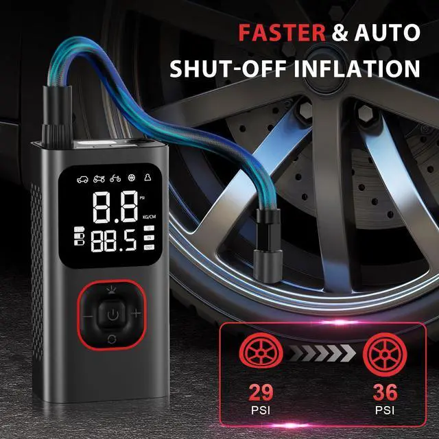 Alt view image 2 of 7 - Tire Inflator Portable Air Pump, 150PSI Fast Cordless Air Compressor with Auto shut-off for Car Tires, Electric Bike Pump with Pressure Gauge & LCD Dual Screen for Cars, Motorcycles, Bikes, Balls