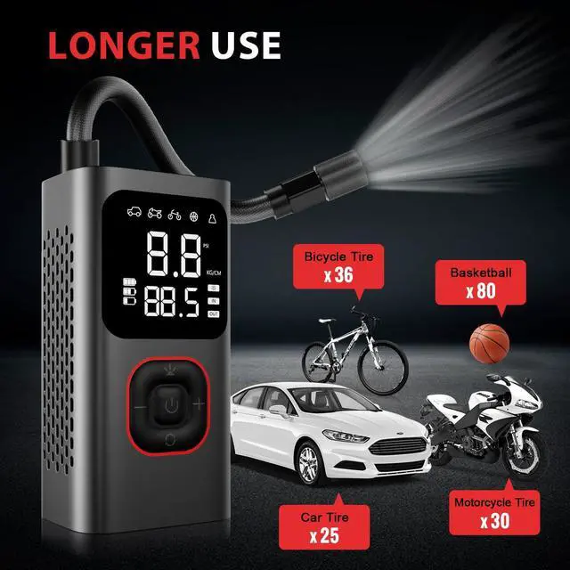Alt view image 3 of 7 - Tire Inflator Portable Air Pump, 150PSI Fast Cordless Air Compressor with Auto shut-off for Car Tires, Electric Bike Pump with Pressure Gauge & LCD Dual Screen for Cars, Motorcycles, Bikes, Balls