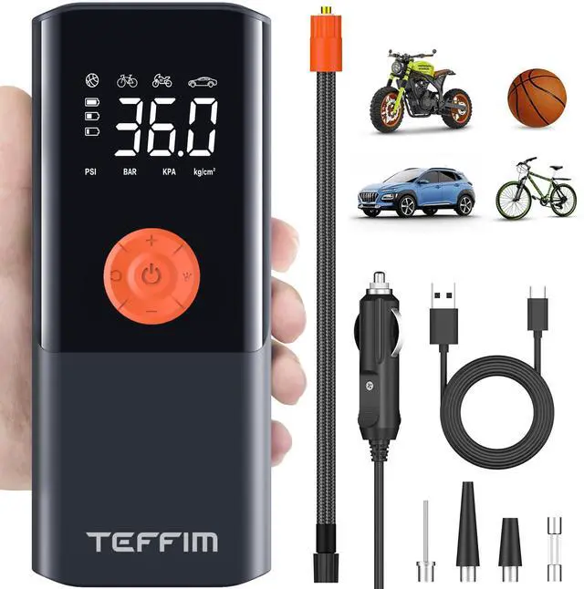 Main image of Teffim Tire Inflator Portable Air Compressor with Digital Pressure Gauge, 12V Smart Air Pump for Car Tires, Motorcycle, SUV, Electric Bike, Bicycle, Sports Balls with 10000mAh Battery & LED Light