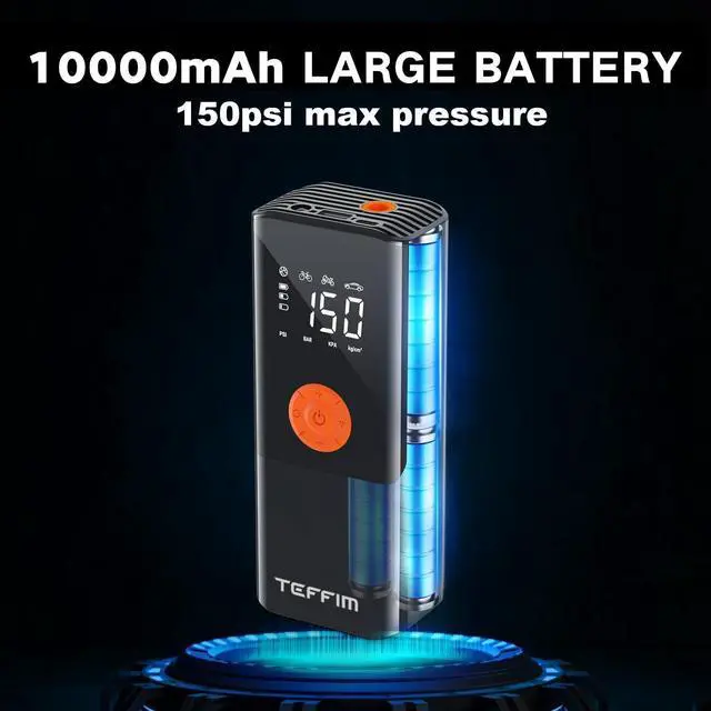 Alt view image 5 of 6 - Teffim Tire Inflator Portable Air Compressor with Digital Pressure Gauge, 12V Smart Air Pump for Car Tires, Motorcycle, SUV, Electric Bike, Bicycle, Sports Balls with 10000mAh Battery & LED Light