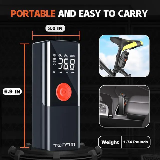 Alt view image 4 of 6 - Teffim Tire Inflator Portable Air Compressor with Digital Pressure Gauge, 12V Smart Air Pump for Car Tires, Motorcycle, SUV, Electric Bike, Bicycle, Sports Balls with 10000mAh Battery & LED Light