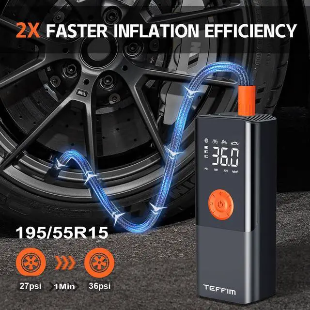 Alt view image 3 of 6 - Teffim Tire Inflator Portable Air Compressor with Digital Pressure Gauge, 12V Smart Air Pump for Car Tires, Motorcycle, SUV, Electric Bike, Bicycle, Sports Balls with 10000mAh Battery & LED Light
