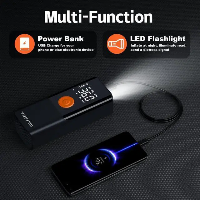 Alt view image 6 of 6 - Teffim Tire Inflator Portable Air Compressor with Digital Pressure Gauge, 12V Smart Air Pump for Car Tires, Motorcycle, SUV, Electric Bike, Bicycle, Sports Balls with 10000mAh Battery & LED Light