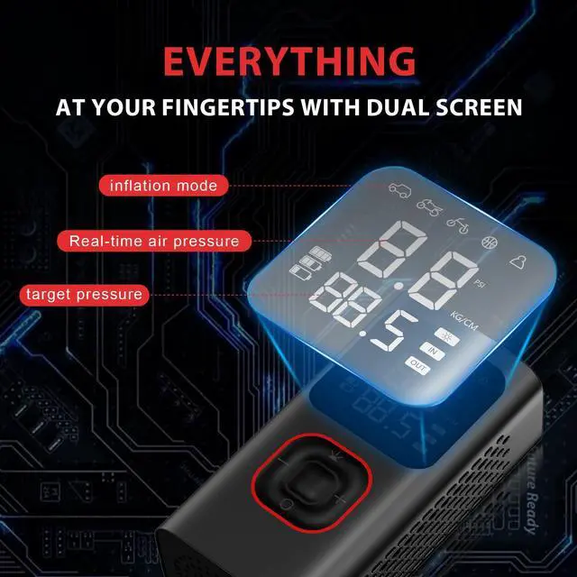 Alt view image 5 of 7 - Tire Inflator Portable Air Pump, 150PSI Fast Cordless Air Compressor with Auto shut-off for Car Tires, Electric Bike Pump with Pressure Gauge & LCD Dual Screen for Cars, Motorcycles, Bikes, Balls