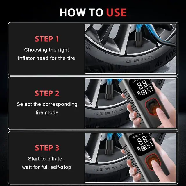 Alt view image 7 of 7 - Tire Inflator Portable Air Pump, 150PSI Fast Cordless Air Compressor with Auto shut-off for Car Tires, Electric Bike Pump with Pressure Gauge & LCD Dual Screen for Cars, Motorcycles, Bikes, Balls