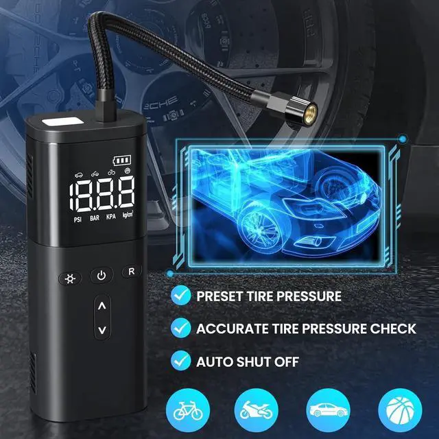Alt view image 2 of 7 - Tire Inflator Portable Air Compressor, Air Pump for Car Tires, Cordless Air Compressor 120 PSI - One Click Smart, Tire Pump for Car, Motorcycle, Bicycle, Balls, with Pressure Gauge, LED Light