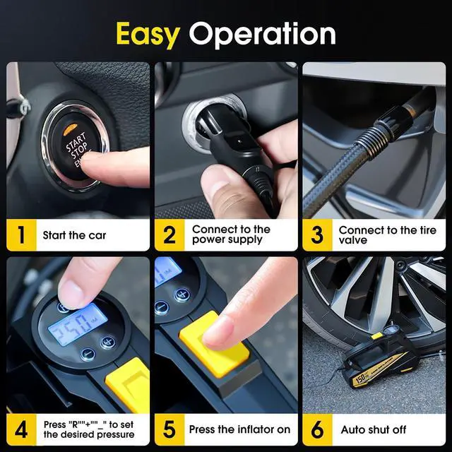 Alt view image 7 of 7 - FLYKID Tire Inflator Portable Air Compressor- 12V DC Air Pump for Car Tires with 150PSI LCD Digital Gauge & Emergency LED Light,Auto Tire Pump for Cars,Motorcycles,Bikes,Balls