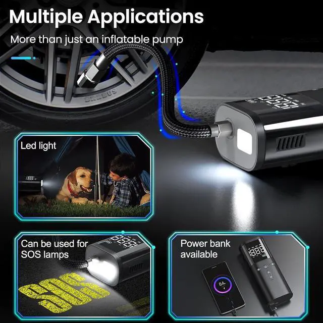 Alt view image 4 of 7 - Tire Inflator Portable Air Compressor, Air Pump for Car Tires, Cordless Air Compressor 120 PSI - One Click Smart, Tire Pump for Car, Motorcycle, Bicycle, Balls, with Pressure Gauge, LED Light