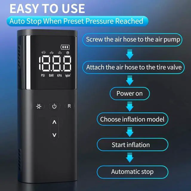 Alt view image 5 of 7 - Tire Inflator Portable Air Compressor, Air Pump for Car Tires, Cordless Air Compressor 120 PSI - One Click Smart, Tire Pump for Car, Motorcycle, Bicycle, Balls, with Pressure Gauge, LED Light