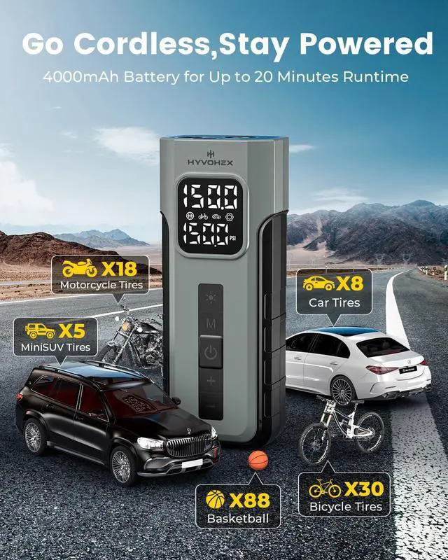 Alt view image 3 of 7 - Tire Inflator Portable Air Compressor, 1 Min Fast Inflation Cordless Bike Pump with Digital Pressure Gauge LED Light, 150 PSI Electric Air Pump for Car Tires, Bicycle, Motorcycle, Ball