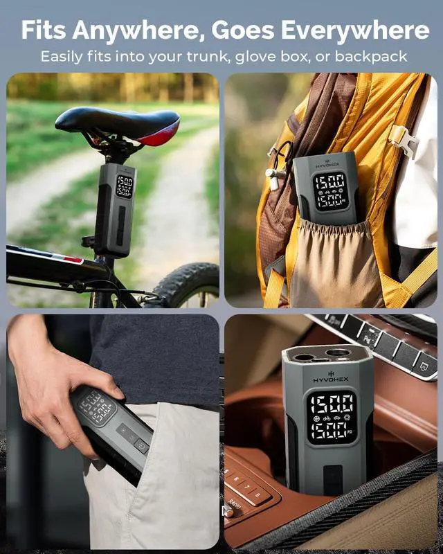 Alt view image 7 of 7 - Tire Inflator Portable Air Compressor, 1 Min Fast Inflation Cordless Bike Pump with Digital Pressure Gauge LED Light, 150 PSI Electric Air Pump for Car Tires, Bicycle, Motorcycle, Ball