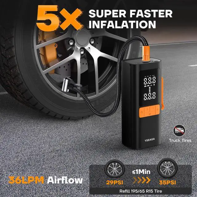 Alt view image 2 of 7 - Tire Inflator Portable Air Compressor, 150PSI&12V DC Air Pump for Car Tires, Portable Tire Inflator with LED Light/Digital Pressure Gauge/Auto Shut-off,5x Faster Inflate/Deflate for Car,Moto,Bike,Ball