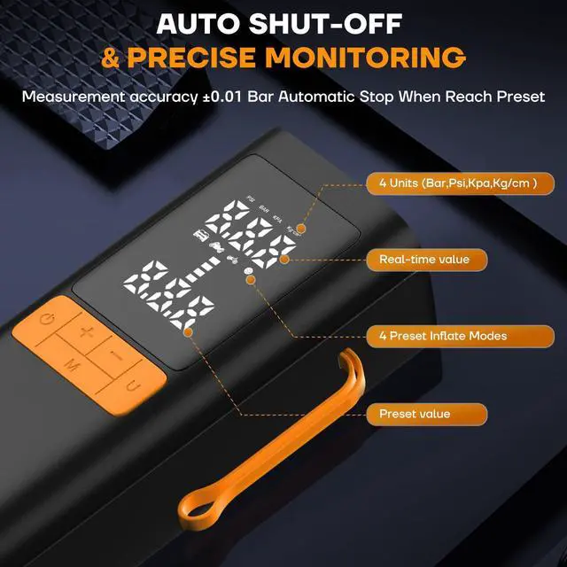 Alt view image 5 of 7 - Tire Inflator Portable Air Compressor, 150PSI&12V DC Air Pump for Car Tires, Portable Tire Inflator with LED Light/Digital Pressure Gauge/Auto Shut-off,5x Faster Inflate/Deflate for Car,Moto,Bike,Ball