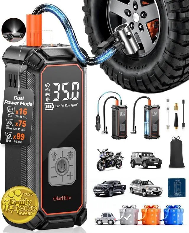 Main image of OlarHike Cordless Tire Inflator Portable Air Compressor, 150PSI Dual Power - 5400 mAh & 12V DC, Air Pump for Car Tires, Bike, Motorcycle, Bicycle, Electric Pump with LED Light & Digital Pressure Gauge