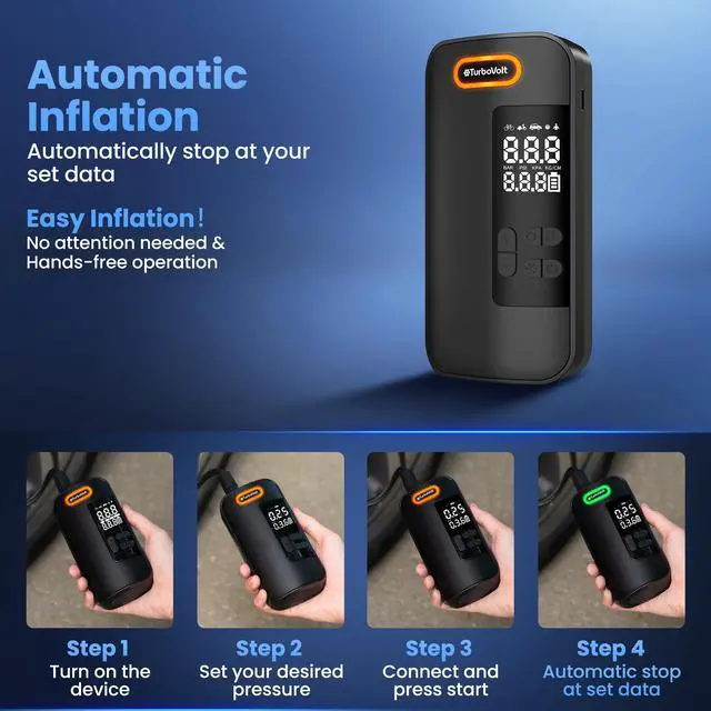 Alt view image 2 of 7 - Tire Inflator Portable Air Compressor, 150PSI Cordless Air Pump for Car Tires with Digital Dual Values Display, Pressure Gauge, Auto Shut-off & LED Lights for Car, Truck, Motorcycle, Bicycle, Ball