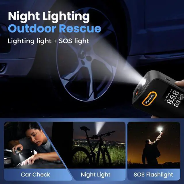 Alt view image 6 of 7 - Tire Inflator Portable Air Compressor, 150PSI Cordless Air Pump for Car Tires with Digital Dual Values Display, Pressure Gauge, Auto Shut-off & LED Lights for Car, Truck, Motorcycle, Bicycle, Ball