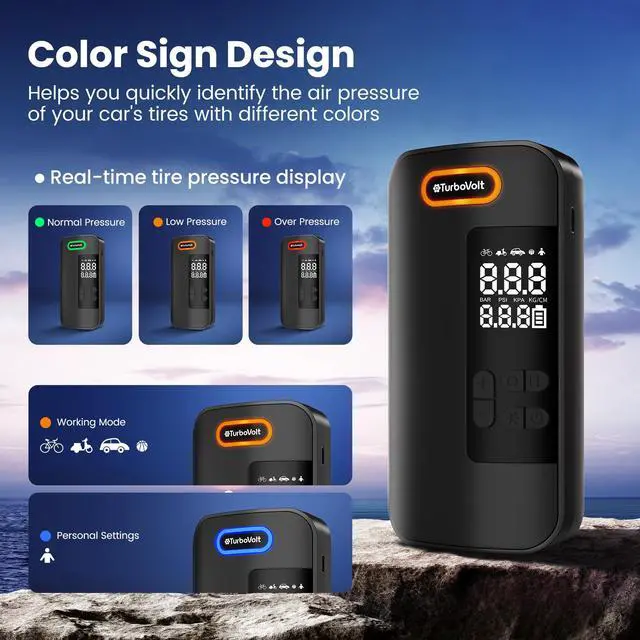 Alt view image 3 of 7 - Tire Inflator Portable Air Compressor, 150PSI Cordless Air Pump for Car Tires with Digital Dual Values Display, Pressure Gauge, Auto Shut-off & LED Lights for Car, Truck, Motorcycle, Bicycle, Ball