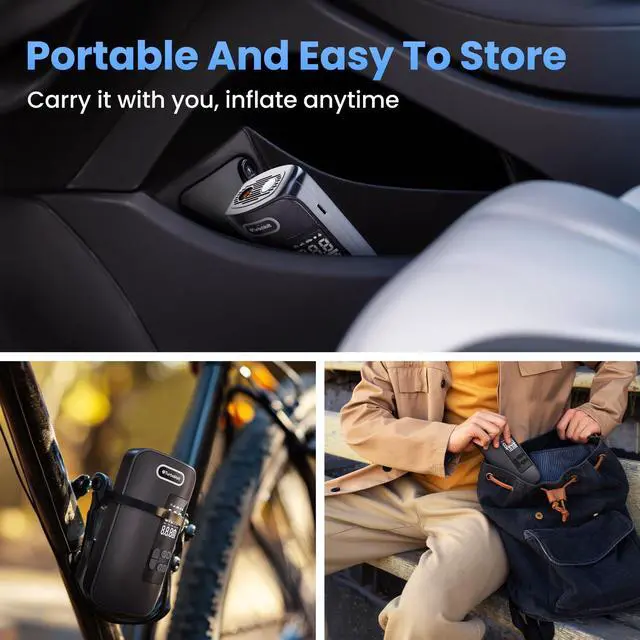 Alt view image 7 of 7 - Tire Inflator Portable Air Compressor, 150PSI Cordless Air Pump for Car Tires with Digital Dual Values Display, Pressure Gauge, Auto Shut-off & LED Lights for Car, Truck, Motorcycle, Bicycle, Ball