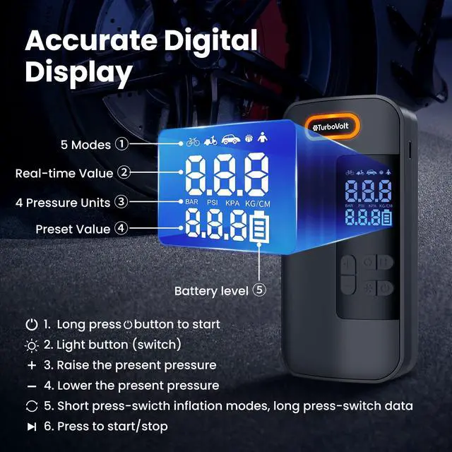 Alt view image 5 of 7 - Tire Inflator Portable Air Compressor, 150PSI Cordless Air Pump for Car Tires with Digital Dual Values Display, Pressure Gauge, Auto Shut-off & LED Lights for Car, Truck, Motorcycle, Bicycle, Ball
