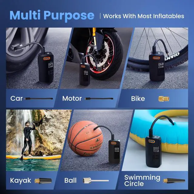 Alt view image 4 of 7 - Tire Inflator Portable Air Compressor, 150PSI Cordless Air Pump for Car Tires with Digital Dual Values Display, Pressure Gauge, Auto Shut-off & LED Lights for Car, Truck, Motorcycle, Bicycle, Ball