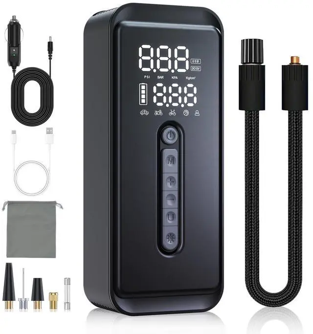 Main image of Yeaban Tire Inflator Portable Air Compressor-4X Faster 150 PSI -Rechargeable Battery & 12V DC Dual Power Supply, Smart Air Pump for Car Motorcycle Bicycle Ball with LED SOS Lighting (Black)