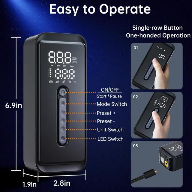 Alt view image 3 of 6 - Yeaban Tire Inflator Portable Air Compressor-4X Faster 150 PSI -Rechargeable Battery & 12V DC Dual Power Supply, Smart Air Pump for Car Motorcycle Bicycle Ball with LED SOS Lighting (Black)