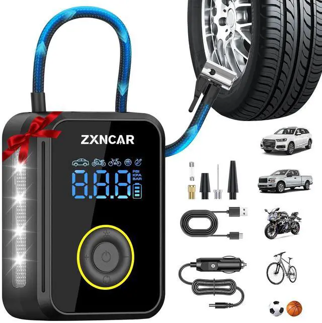 Main image of Tire Inflator Portable Air Compressor, Auto air Pump for Car tires Cordless Rechargeable Battery and 12V DC with Pressure Gauge 200PSI 4X Smart Fast Inflation for Cars Bicycles Motorcycles Balls