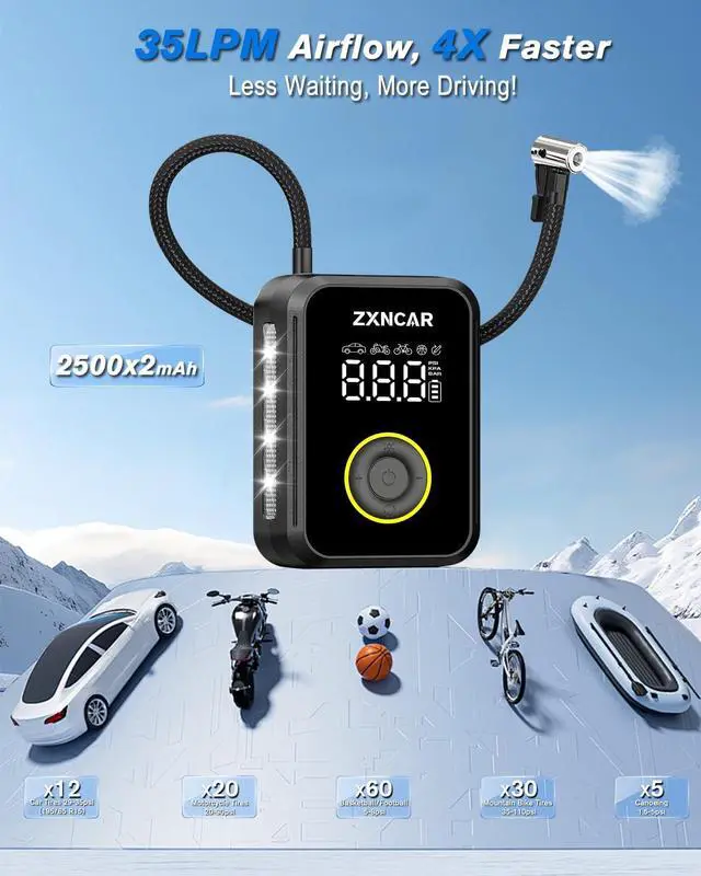 Alt view image 3 of 7 - Tire Inflator Portable Air Compressor, Auto air Pump for Car tires Cordless Rechargeable Battery and 12V DC with Pressure Gauge 200PSI 4X Smart Fast Inflation for Cars Bicycles Motorcycles Balls