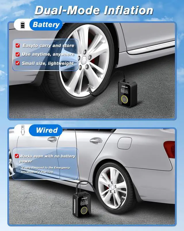 Alt view image 2 of 7 - Tire Inflator Portable Air Compressor, Auto air Pump for Car tires Cordless Rechargeable Battery and 12V DC with Pressure Gauge 200PSI 4X Smart Fast Inflation for Cars Bicycles Motorcycles Balls