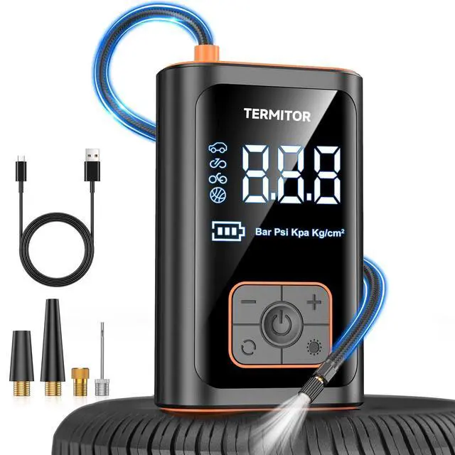 Main image of Termitor Tire Inflator Portable Air Compressor 150PSI Cordless Air Pump for Car, Motorcycle, Bicycle Tires, Balls, Auto Air Compressor with Digital Pressure Gauge, Emergency LED Light