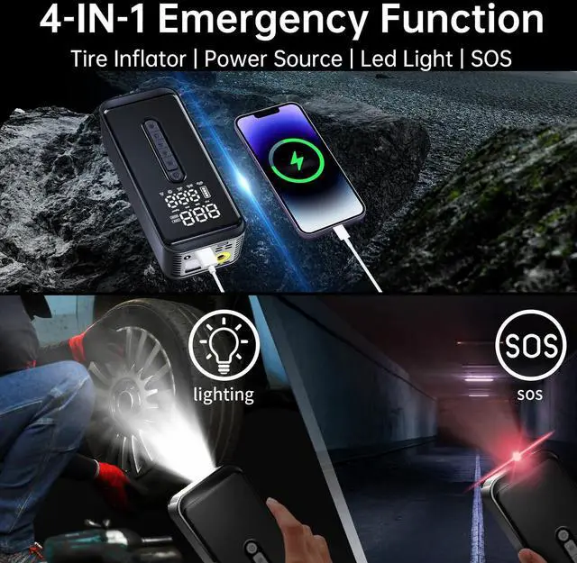 Alt view image 6 of 6 - Yeaban Tire Inflator Portable Air Compressor-4X Faster 150 PSI -Rechargeable Battery & 12V DC Dual Power Supply, Smart Air Pump for Car Motorcycle Bicycle Ball with LED SOS Lighting (Black)