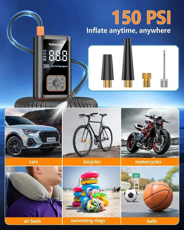 Alt view image 3 of 7 - Termitor Tire Inflator Portable Air Compressor 150PSI Cordless Air Pump for Car, Motorcycle, Bicycle Tires, Balls, Auto Air Compressor with Digital Pressure Gauge, Emergency LED Light