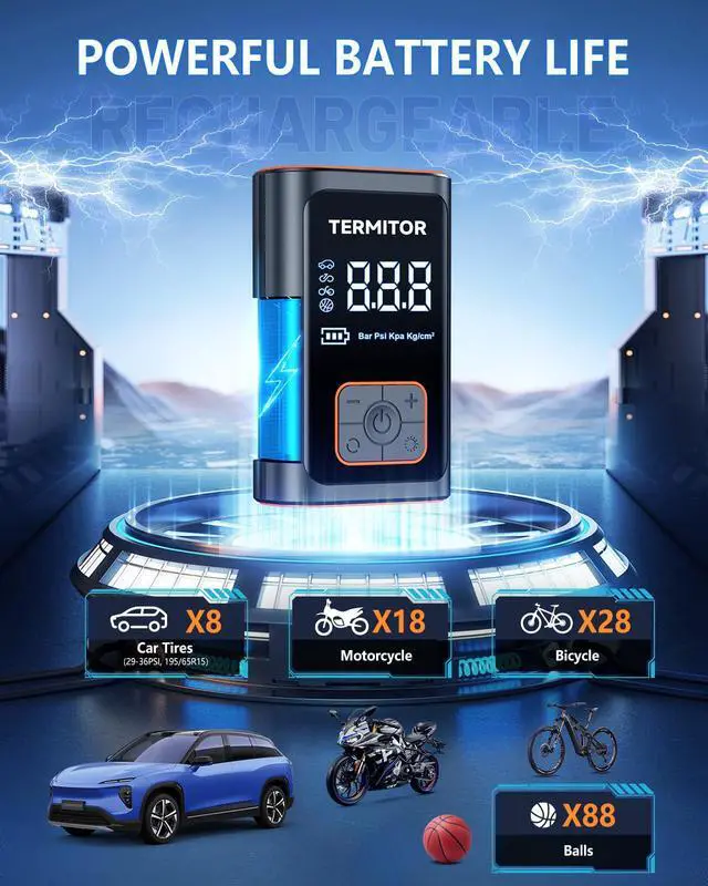 Alt view image 2 of 7 - Termitor Tire Inflator Portable Air Compressor 150PSI Cordless Air Pump for Car, Motorcycle, Bicycle Tires, Balls, Auto Air Compressor with Digital Pressure Gauge, Emergency LED Light