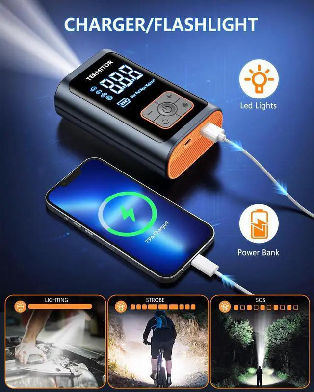 Alt view image 7 of 7 - Termitor Tire Inflator Portable Air Compressor 150PSI Cordless Air Pump for Car, Motorcycle, Bicycle Tires, Balls, Auto Air Compressor with Digital Pressure Gauge, Emergency LED Light