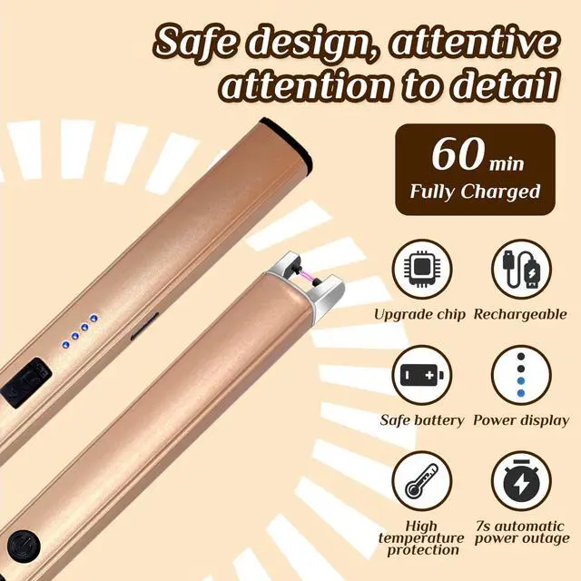 Alt view image 5 of 7 - 2 PCS Candle Lighter,Windproof Flameless Electric Lighter with LED Power Display Safety Switch, Upgraded Plasma USB Rechargeable Lighters for Birthday Camping BBQ (Champagne Gold)