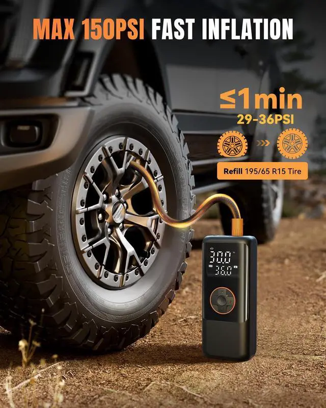 Alt view image 2 of 7 - MAKELIFT Tire Inflator Portable Air Compressor, 150PSI Air Compressor for Car Tires, Cordless Bike Pump with Pressure Gauge & LED Light, Tire Pump for Cars, Motorcycles, Bikes, Balls