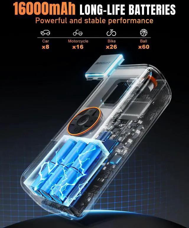 Alt view image 3 of 7 - MAKELIFT Tire Inflator Portable Air Compressor, 150PSI Air Compressor for Car Tires, Cordless Bike Pump with Pressure Gauge & LED Light, Tire Pump for Cars, Motorcycles, Bikes, Balls